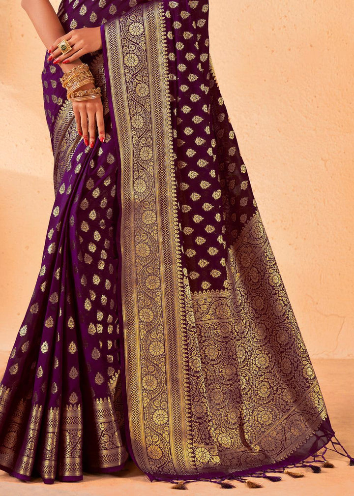 Wine Purple Woven Georgette Saree - qivii