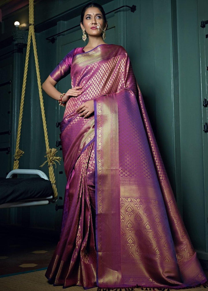 Wine Purple Woven Kanjivaram Silk Saree | Stitched Blouse - qivii