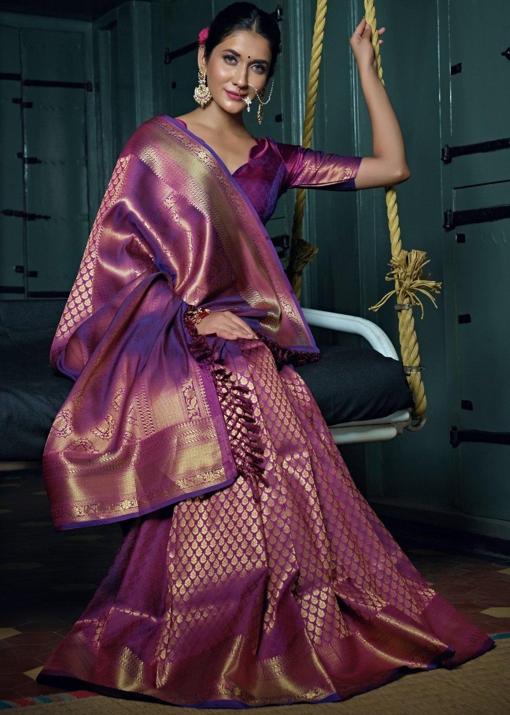 Wine Purple Woven Kanjivaram Silk Saree | Stitched Blouse - qivii