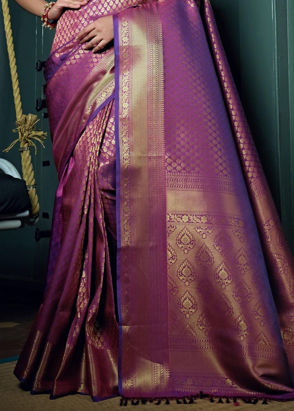 Wine Purple Woven Kanjivaram Silk Saree | Stitched Blouse - qivii