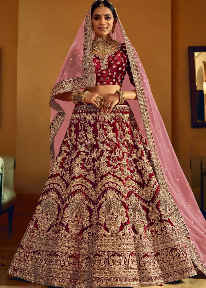 Wine Red Bridal Velvet Lehenga Choli with Embroidery & Hand work - qivii