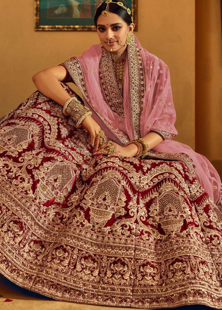 Wine Red Bridal Velvet Lehenga Choli with Embroidery & Hand work - qivii