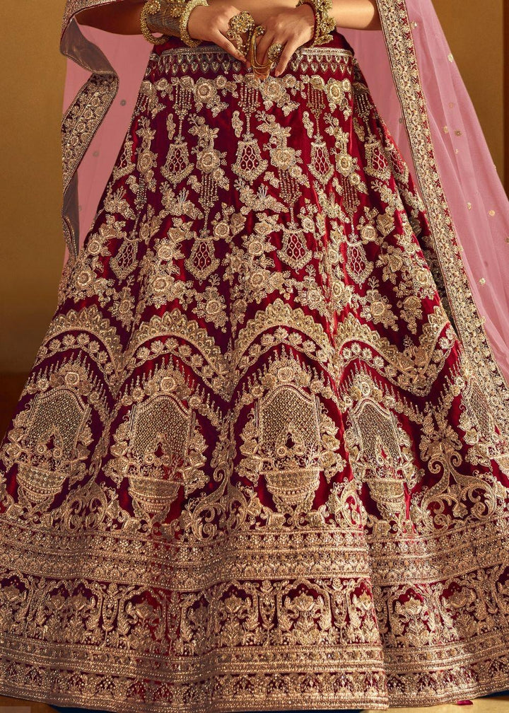 Wine Red Bridal Velvet Lehenga Choli with Embroidery & Hand work - qivii