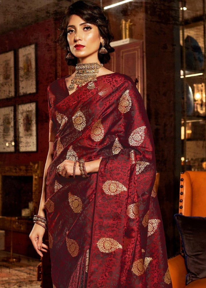 Wine Red Pure Satin Woven Silk Saree with overall Golden Buti - qivii