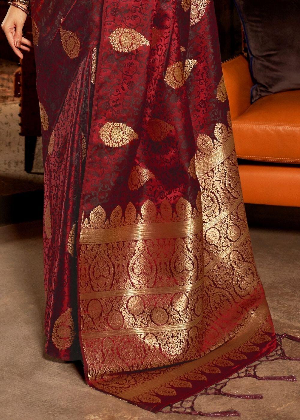 Wine Red Pure Satin Woven Silk Saree with overall Golden Buti - qivii