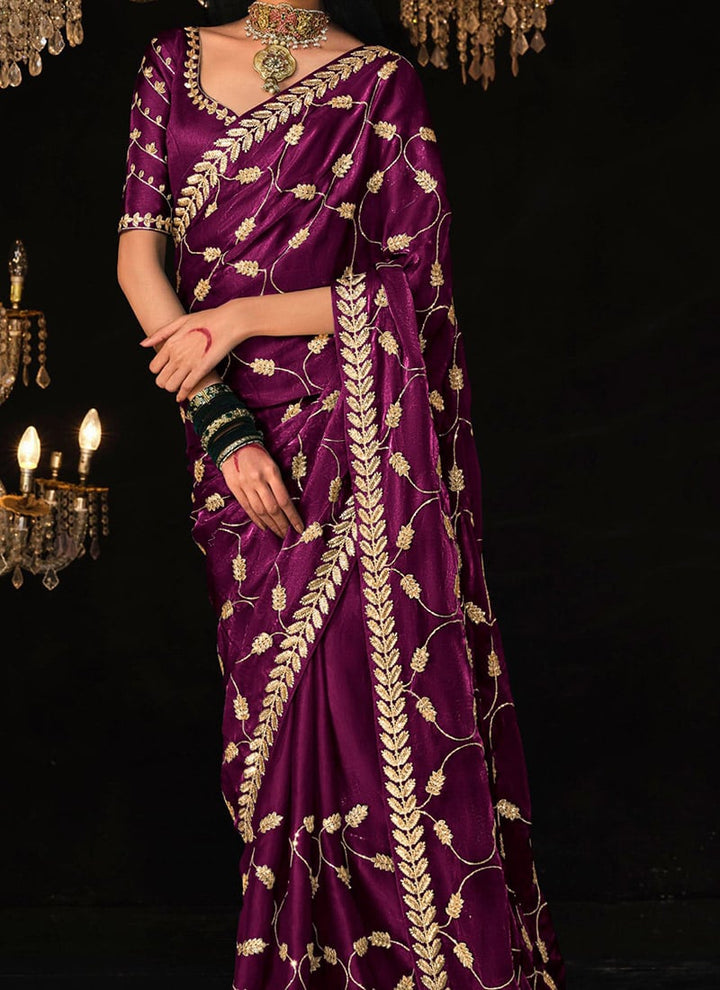 Wine Satin Silk Saree Embellished with Stone,Sequin,Embroidery & Zarkan work