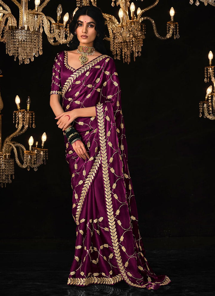 Wine Satin Silk Saree Embellished with Stone,Sequin,Embroidery & Zarkan work