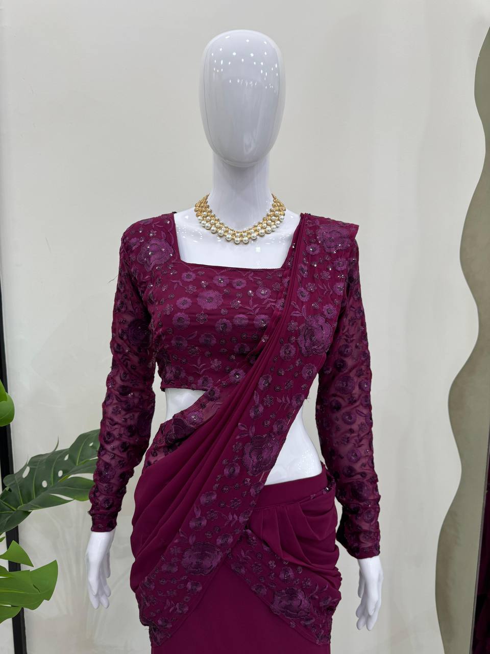 Wine Foux Gorgette thread with Sequnce Lehenga Saree, elegant and luxurious outfit suitable for special occasions and events