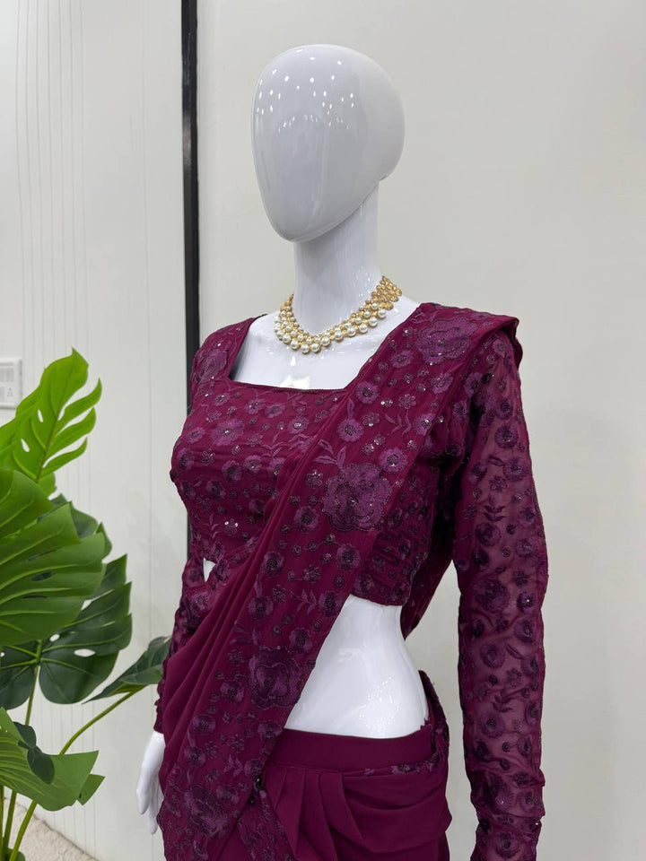 Wine colored Foux Gorgette Lehenga Saree with intricate sequin embroidery