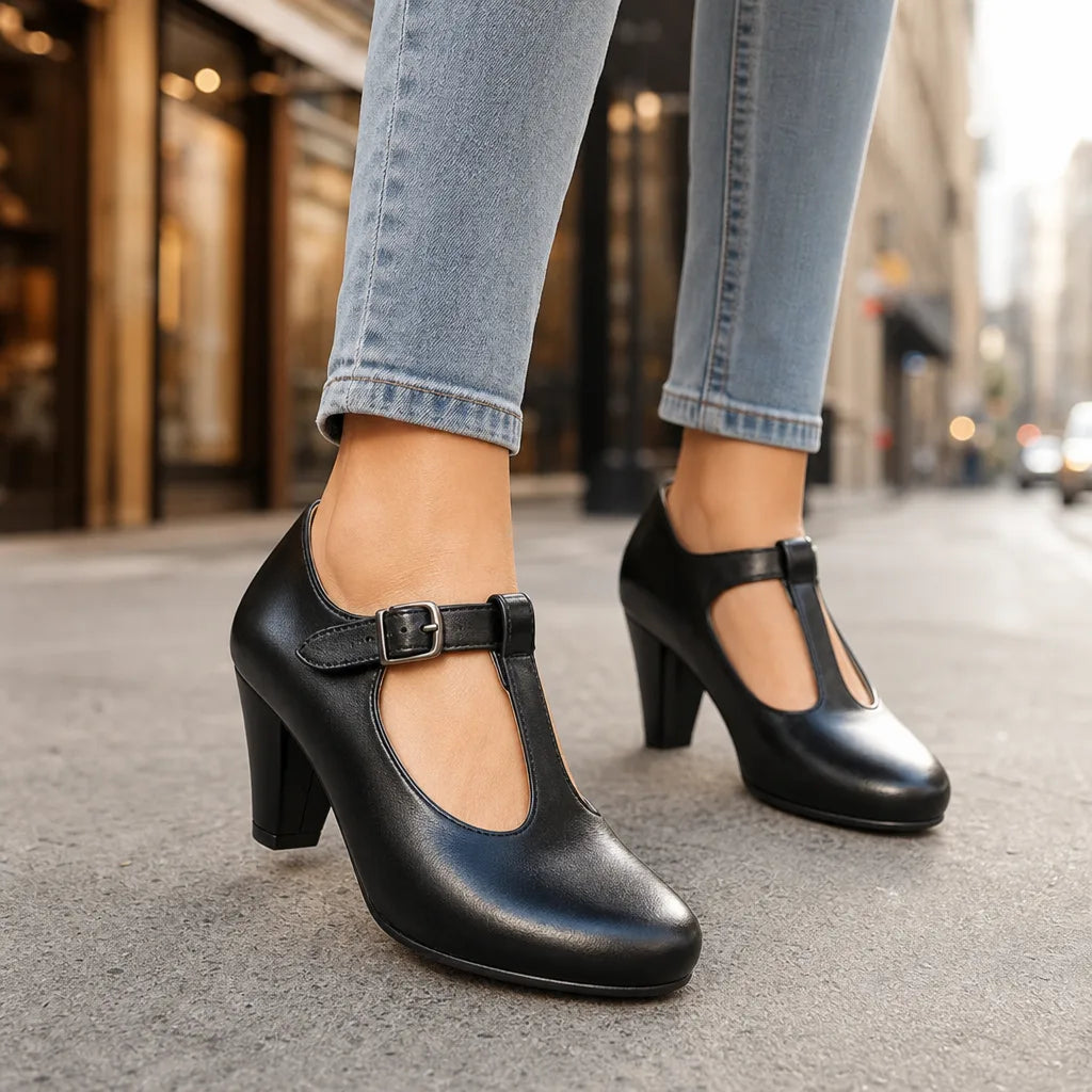 Black Winifred women's Mary Jane heels by Hudson Ridge, classic footwear with a stylish strap and low heel for women.