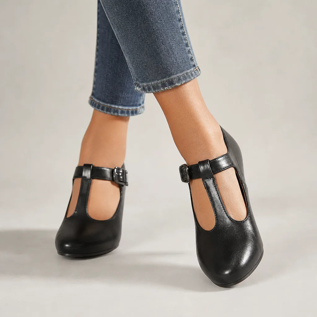 Black Winifred women's classic Mary Jane heels by Hudson Ridge, stylish women's footwear with a comfortable strap and sleek design.