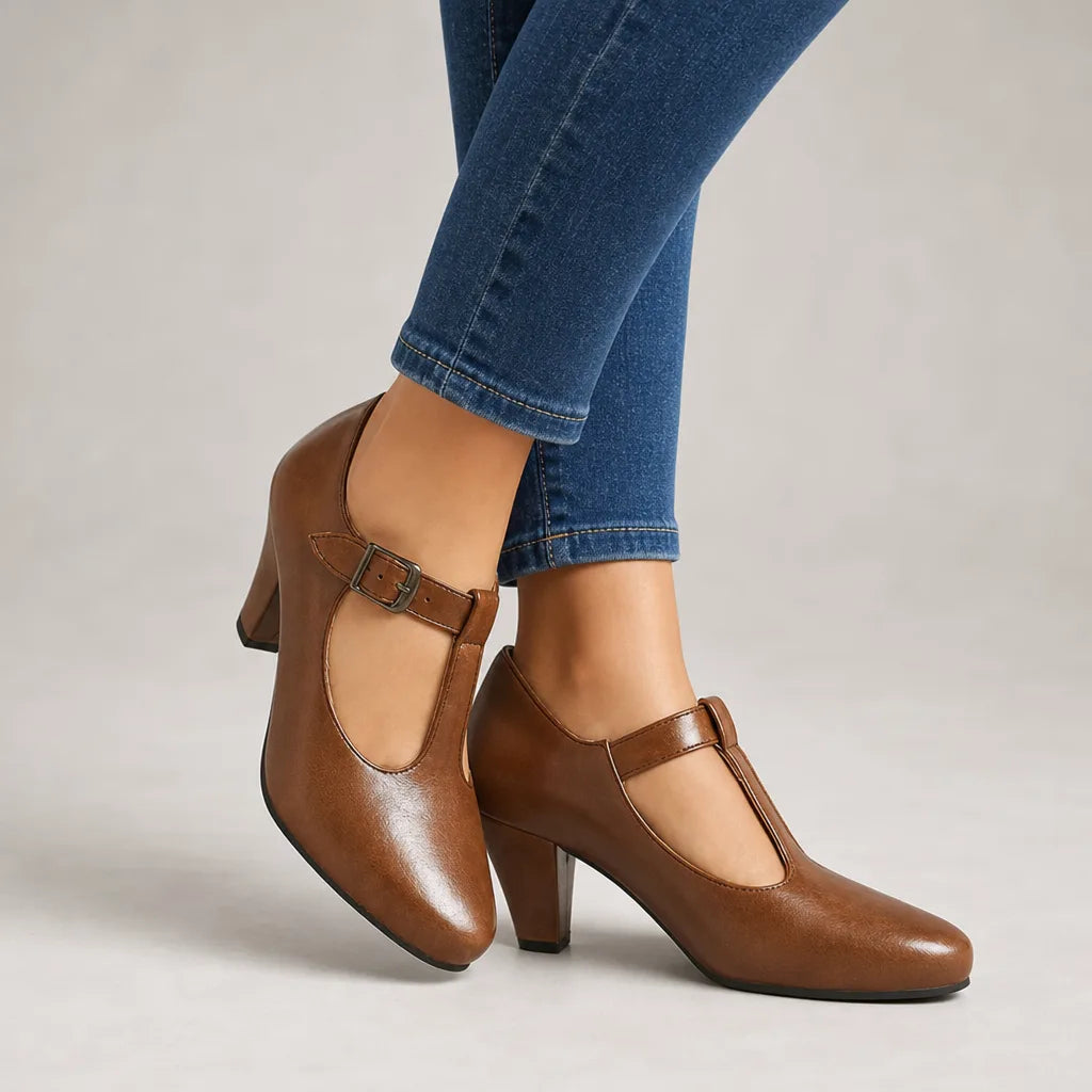 Brown Winifred women's Mary Jane heels by Hudson Ridge, classic women's footwear with a stylish strap and rounded toe.