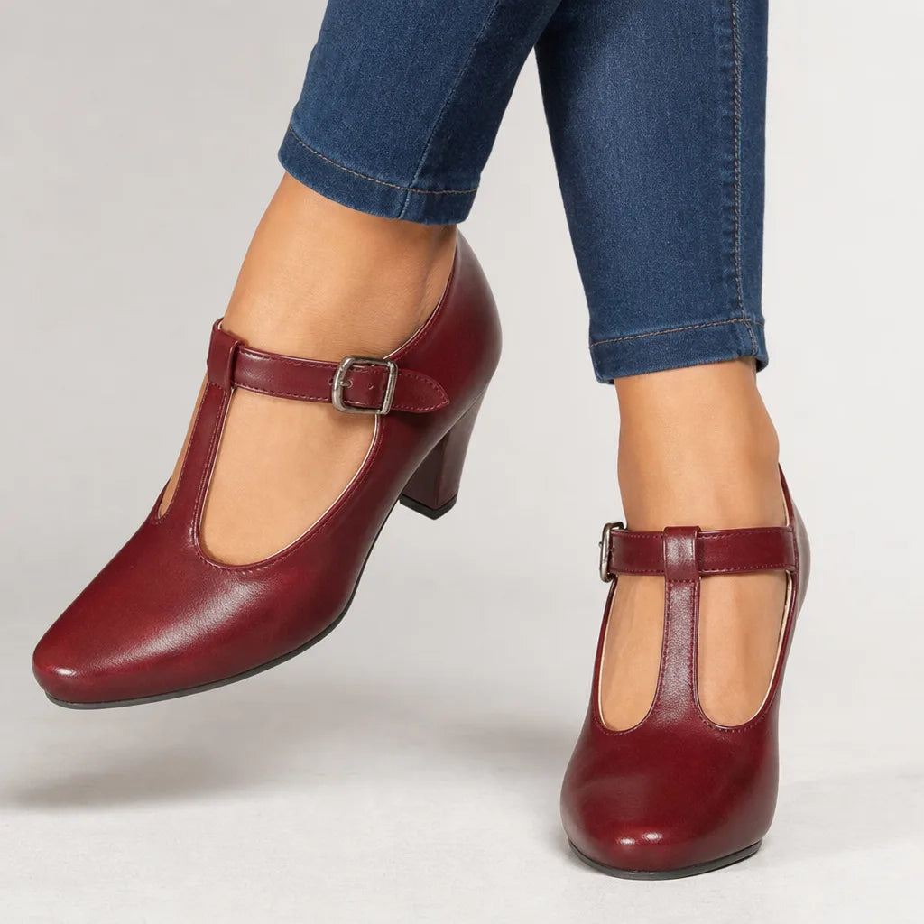 Red Winifred women's classic Mary Jane heels by Hudson Ridge, stylish women's footwear with a comfortable strap design.