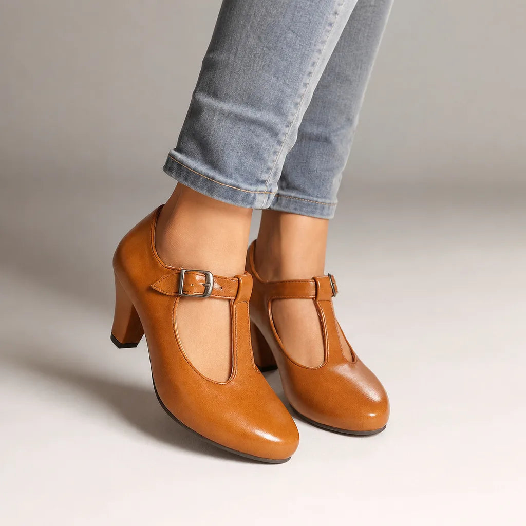 Winifred women's classic Mary Jane heels in yellow, designed by Hudson Ridge, featuring a stylish and comfortable footwear option for women.