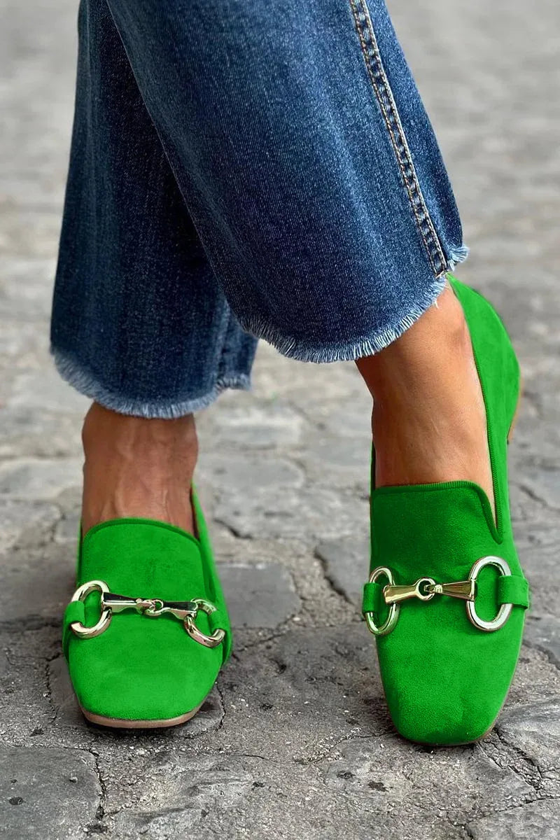 Green women's fluorescent loafers by Hudson Ridge, casual slip-on footwear with a vibrant, eye-catching style for women.