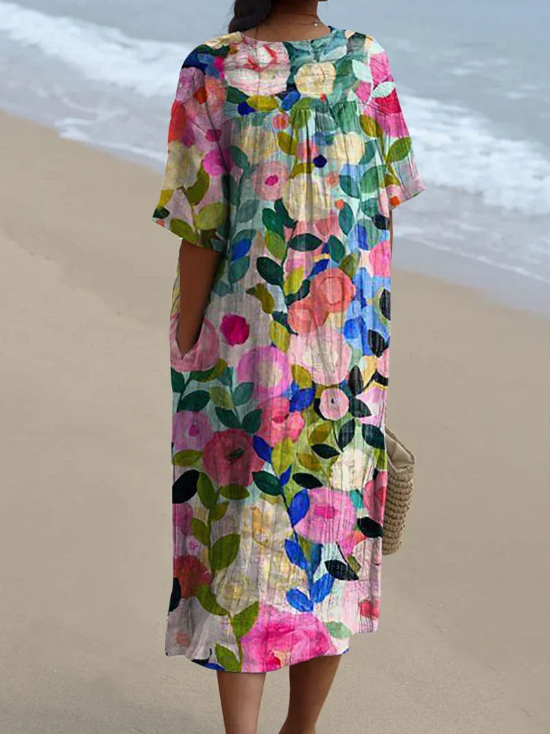 Margaret - Vibrant Floral Garden Print Flowy Summer Dress by Qivii