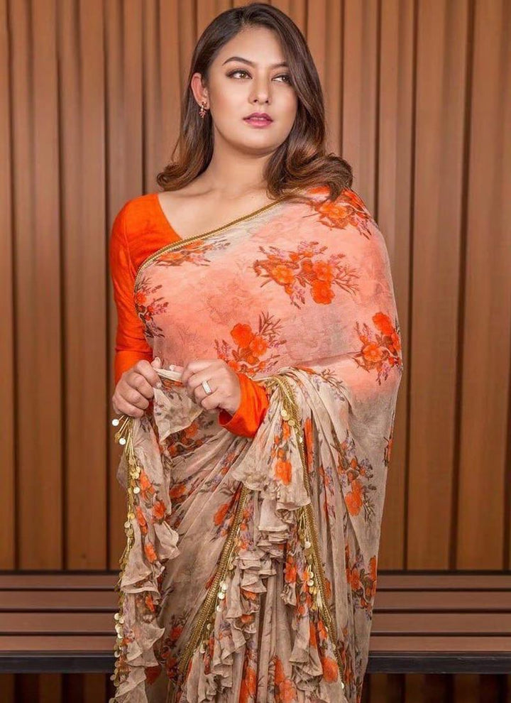 Wonderful Peach And Orange Georgette Base Digital Printed Saree  - By Kreeva