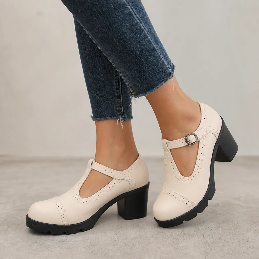 Woodward women's orthopedic Mary Jane shoes with block heels in beige, designed for comfort and stylish women's footwear by Hudson Ridge.