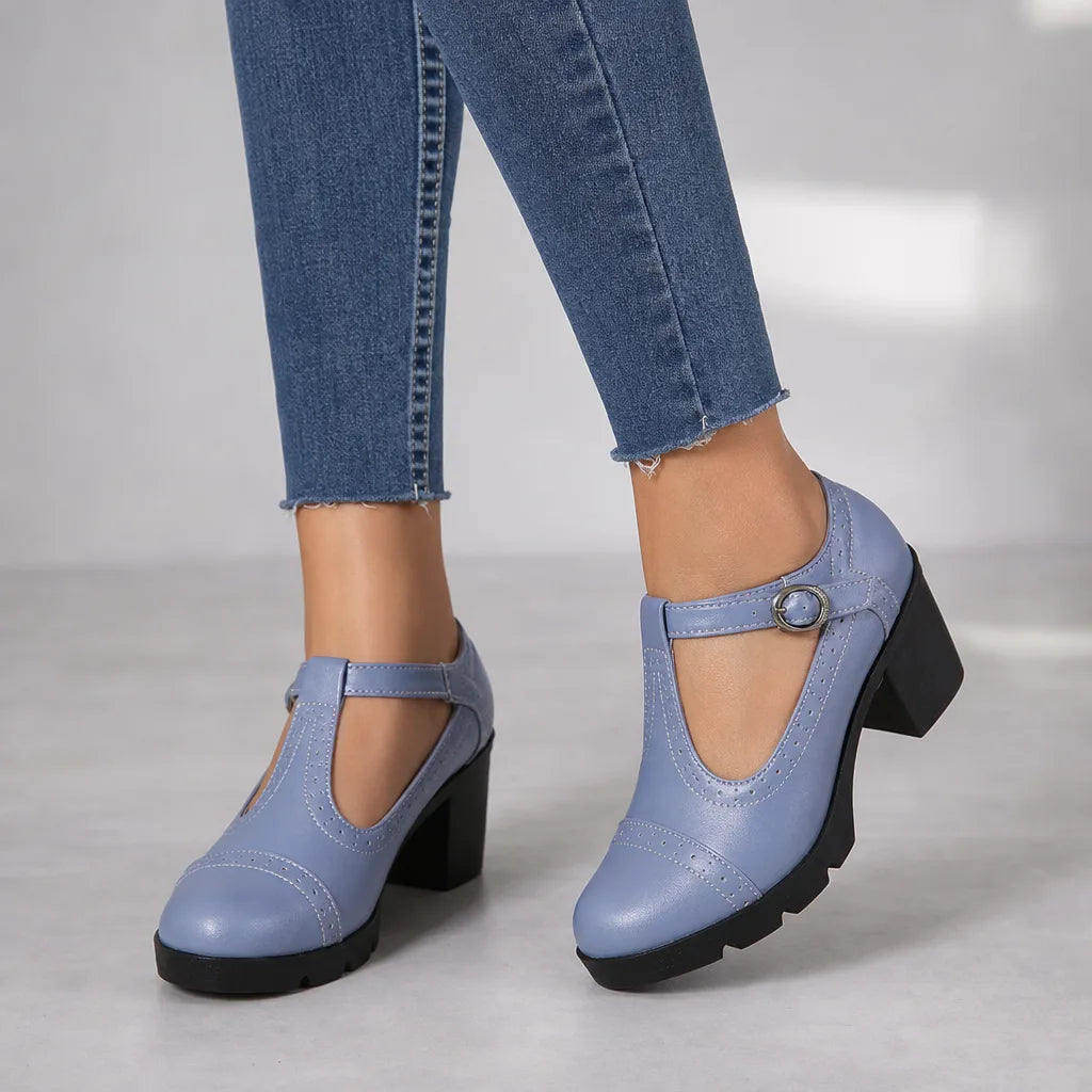 Woodward women's orthopedic block-heel Mary Jane shoes in blue, stylish footwear with comfortable support and classic design.