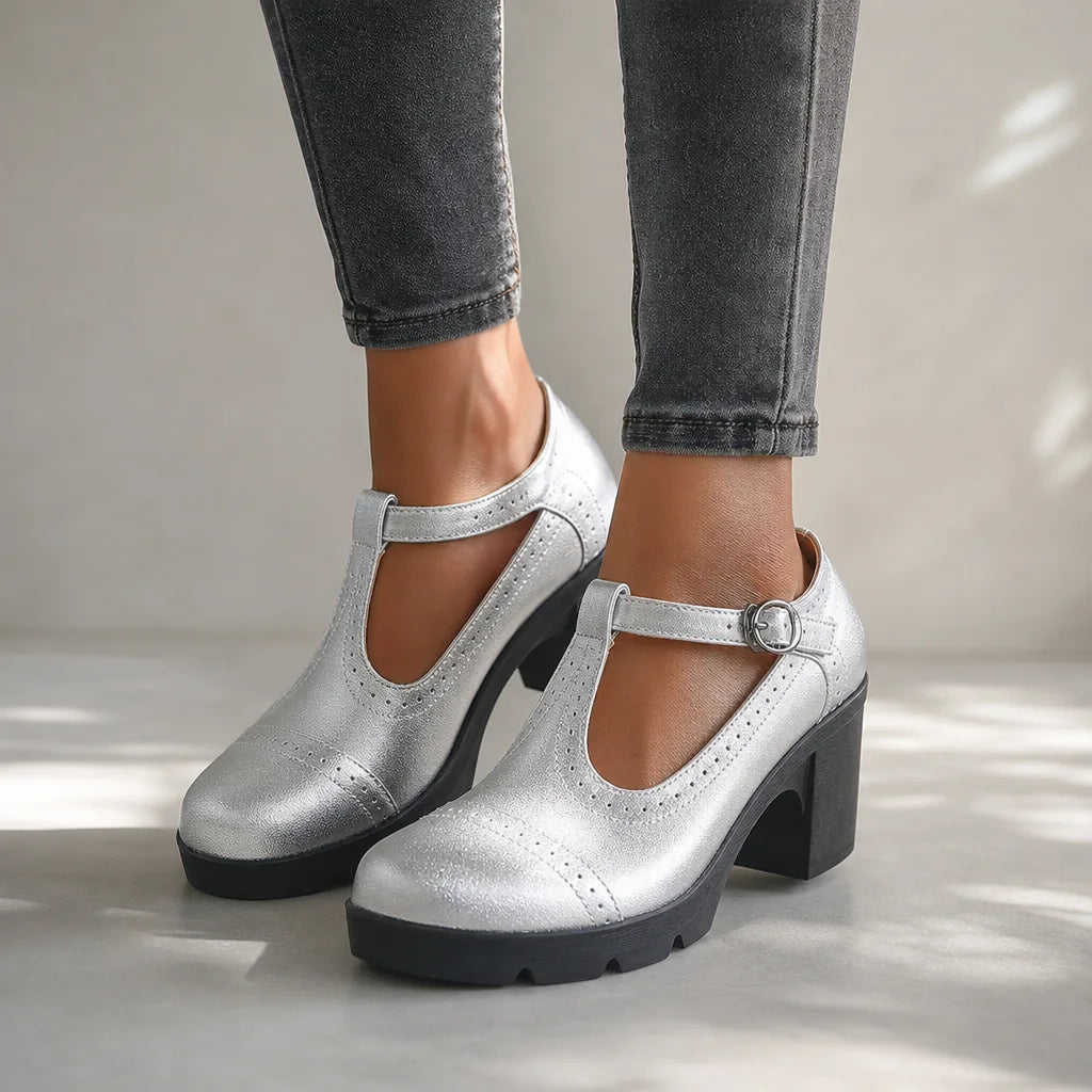 Gray Woodward women's orthopedic block-heel Mary Jane shoes by Qivii, featuring comfortable footwear and classic style.
