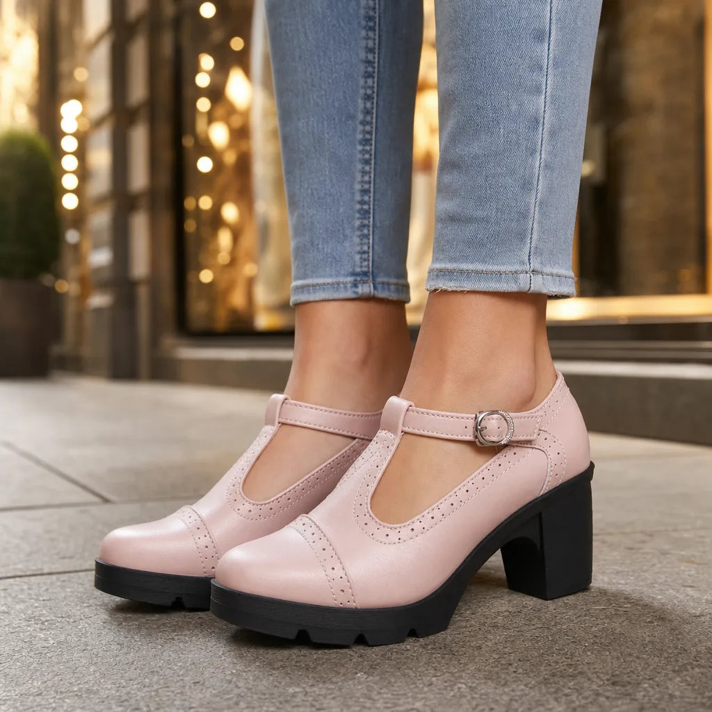 Pink Women's Orthopedic Block-Heel Mary Jane Shoes by Hudson Ridge, featuring comfortable supportive footwear for women.