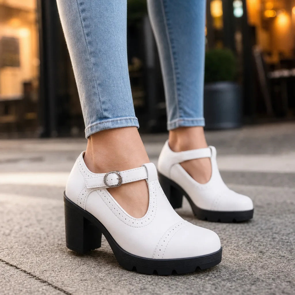 Woodward women's orthopedic block-heel Mary Jane shoes by Hudson Ridge, white with comfortable supportive design.