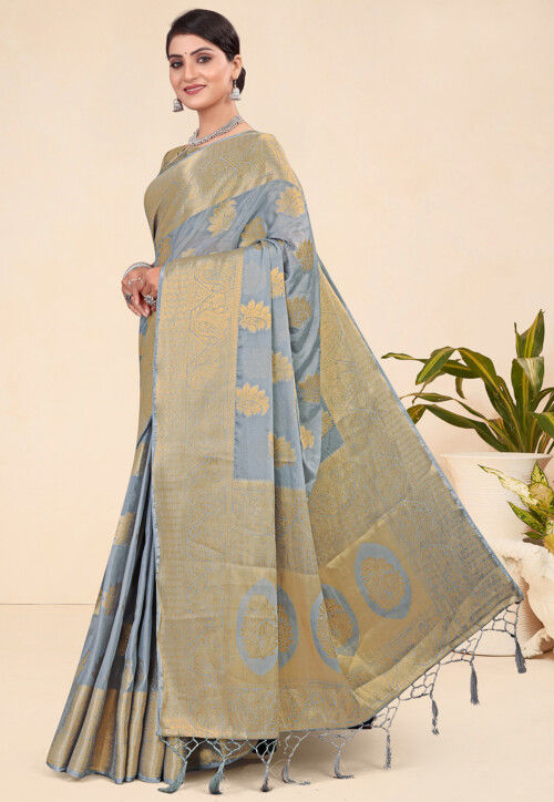 Woven Art Silk Saree in Grey by qivii