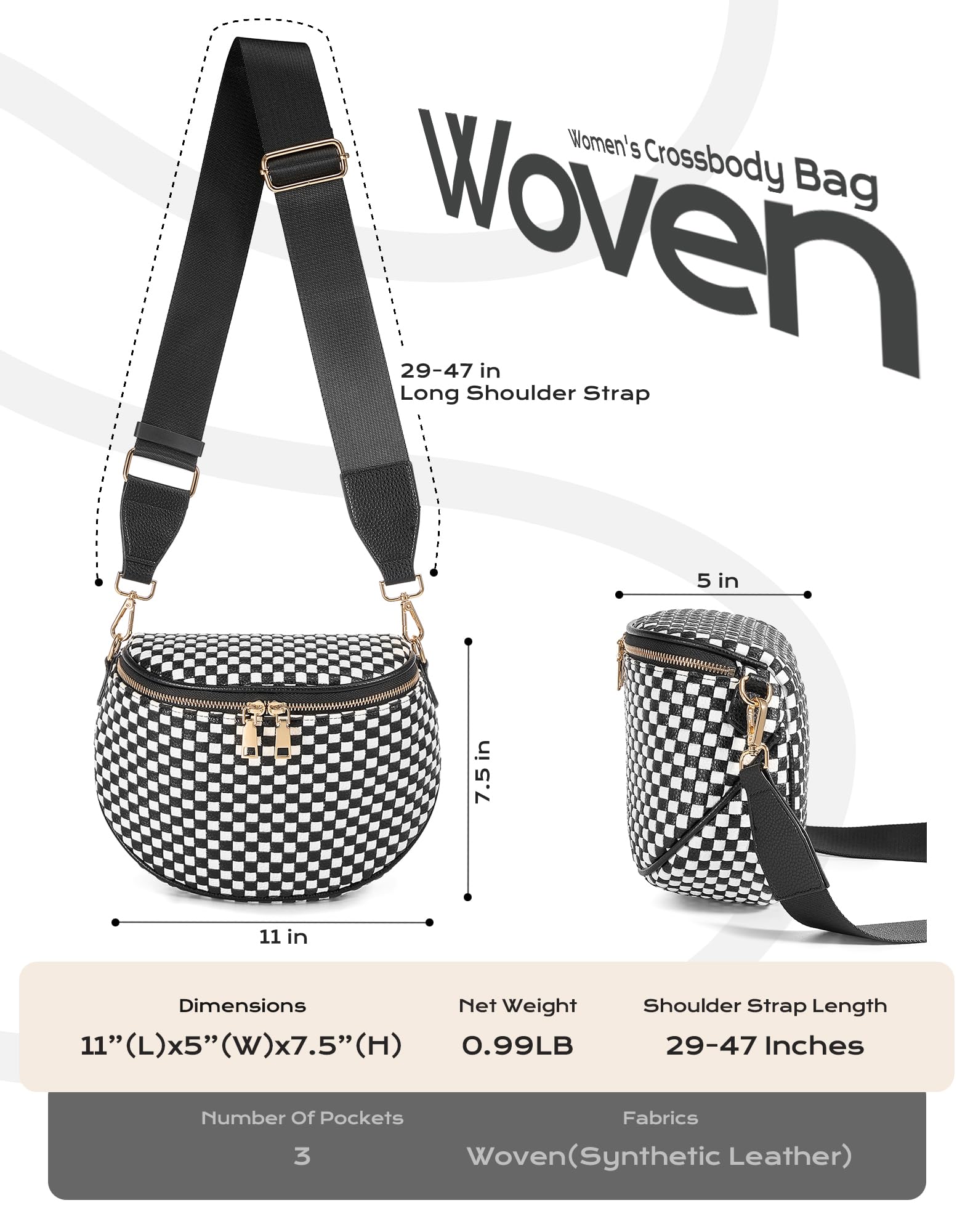 Ounamei Woven Checkered Crossbody Bum Bag | Trendy PU Leather Belt Bag with Adjustable Strap, Stylish & Versatile Everyday Companion