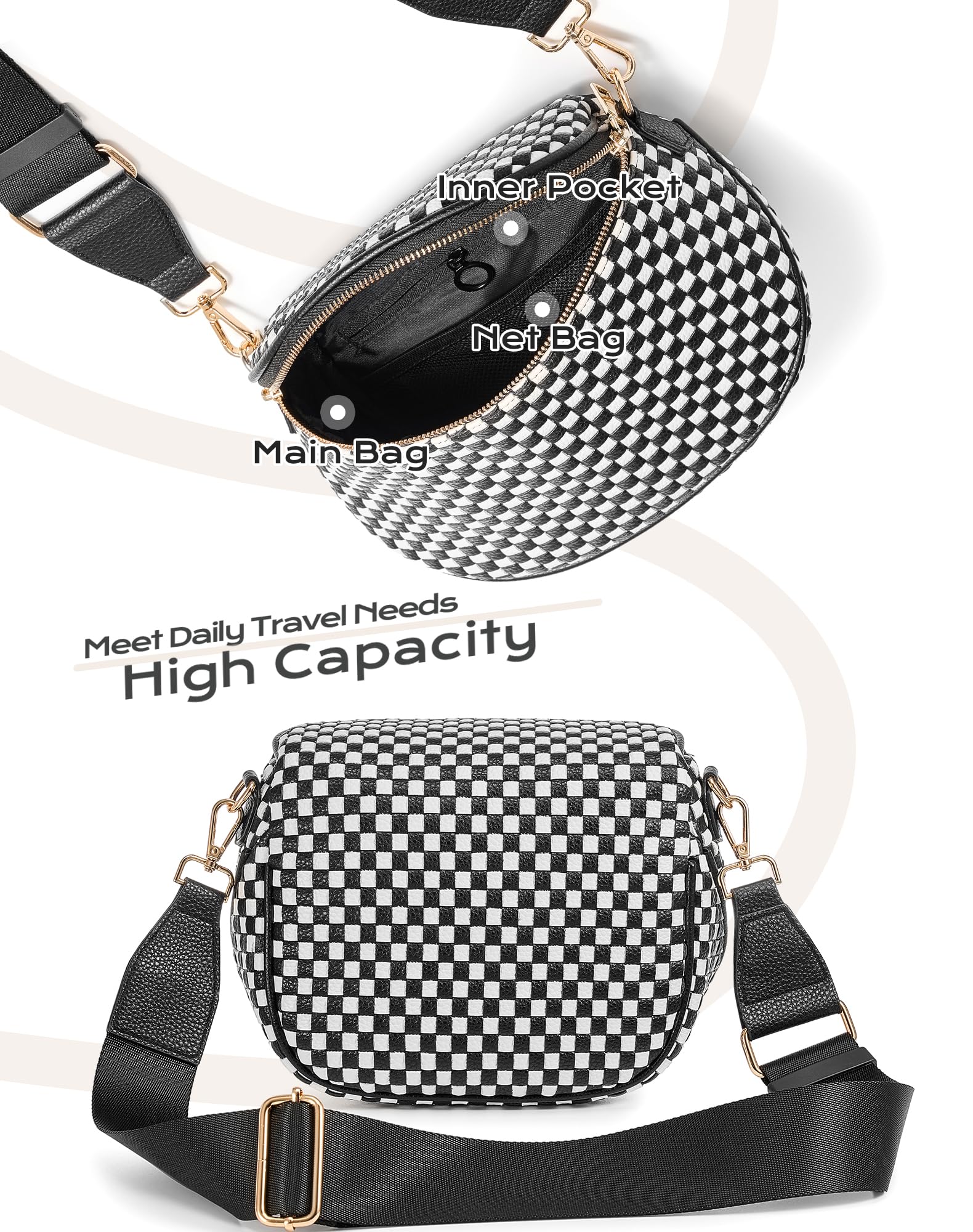 Ounamei Woven Checkered Crossbody Bum Bag | Trendy PU Leather Belt Bag with Adjustable Strap, Stylish & Versatile Everyday Companion