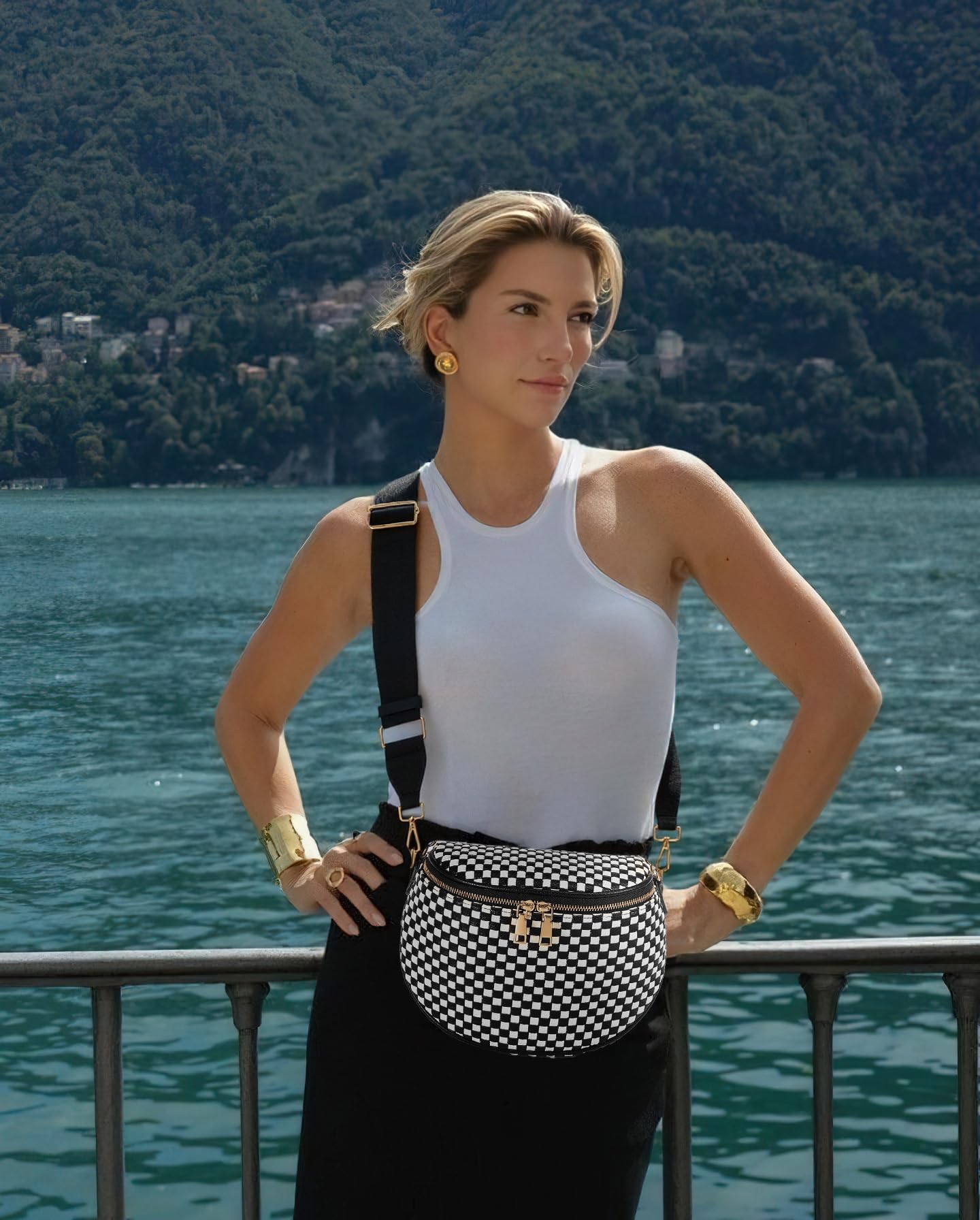 Ounamei Woven Checkered Crossbody Bum Bag | Trendy PU Leather Belt Bag with Adjustable Strap, Stylish & Versatile Everyday Companion