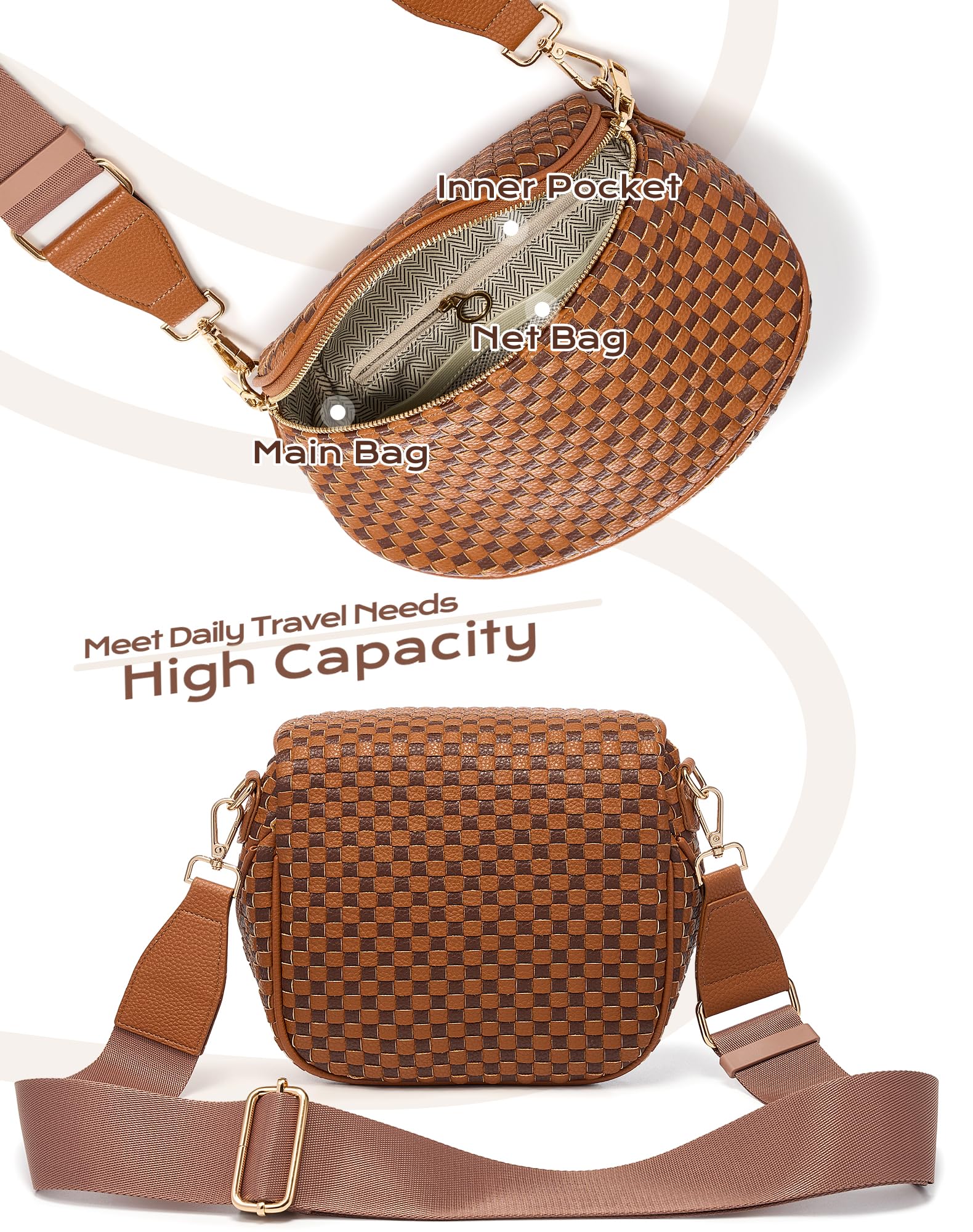 Ounamei Woven Checkered Crossbody Bum Bag | Trendy PU Leather Belt Bag with Adjustable Strap, Stylish & Versatile Everyday Companion