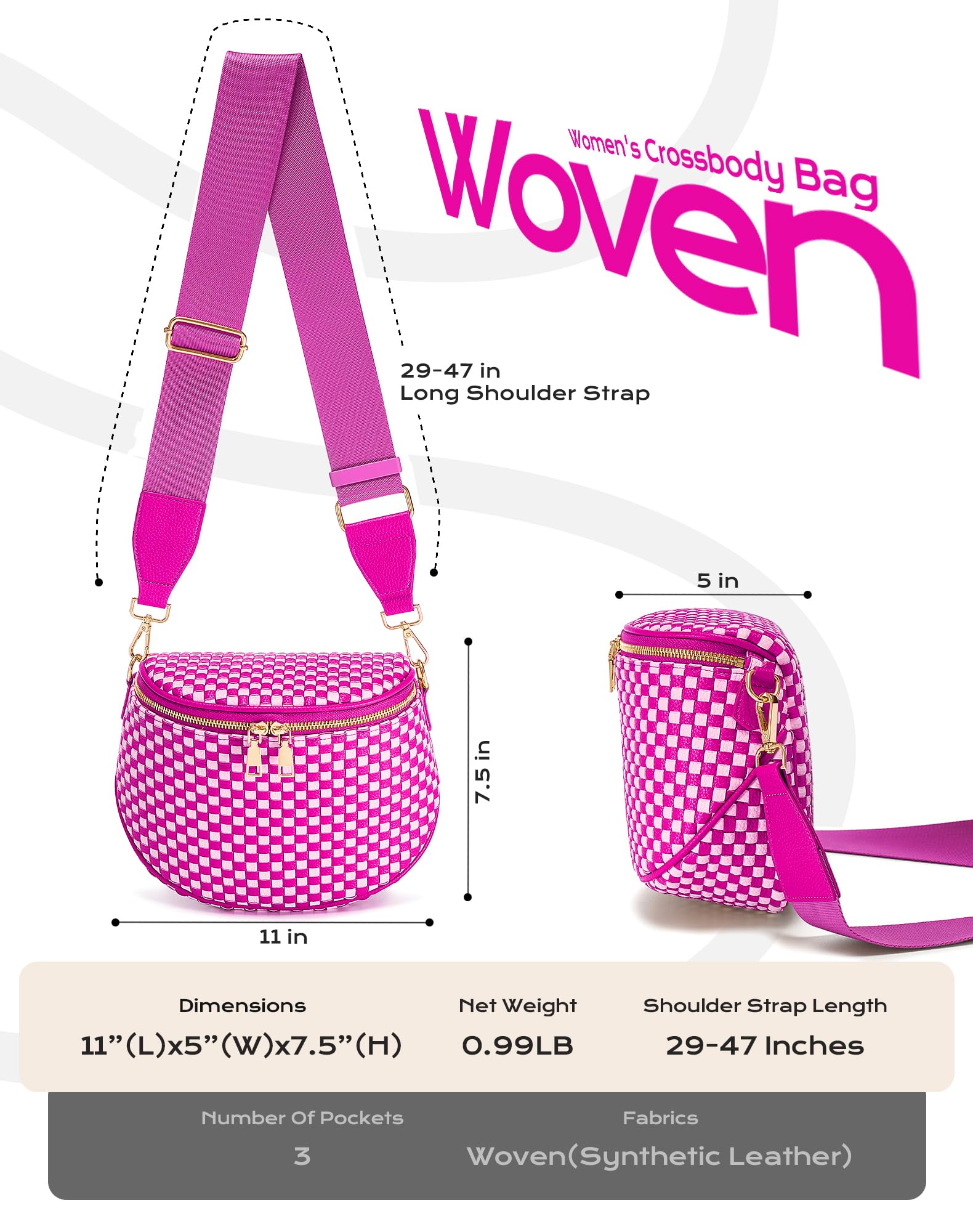 Ounamei Woven Checkered Crossbody Bum Bag | Trendy PU Leather Belt Bag with Adjustable Strap, Stylish & Versatile Everyday Companion