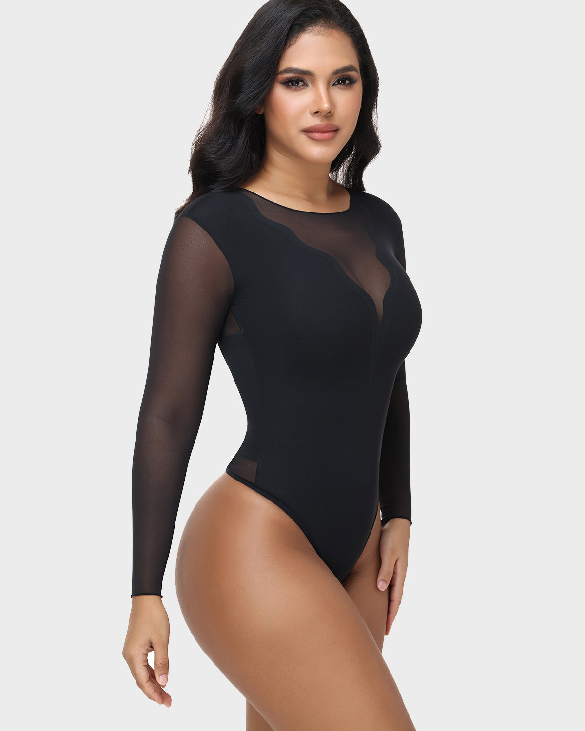Sheer Mesh Long Sleeve Tummy Control Thong Shaping Bodysuit