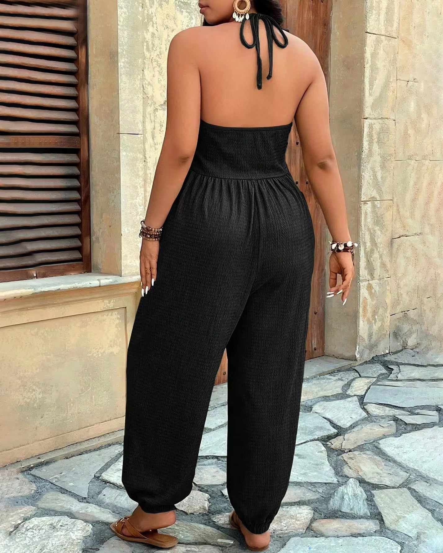 Halter Backless Ruched Pocket Jogger Jumpsuit  - By Qivii