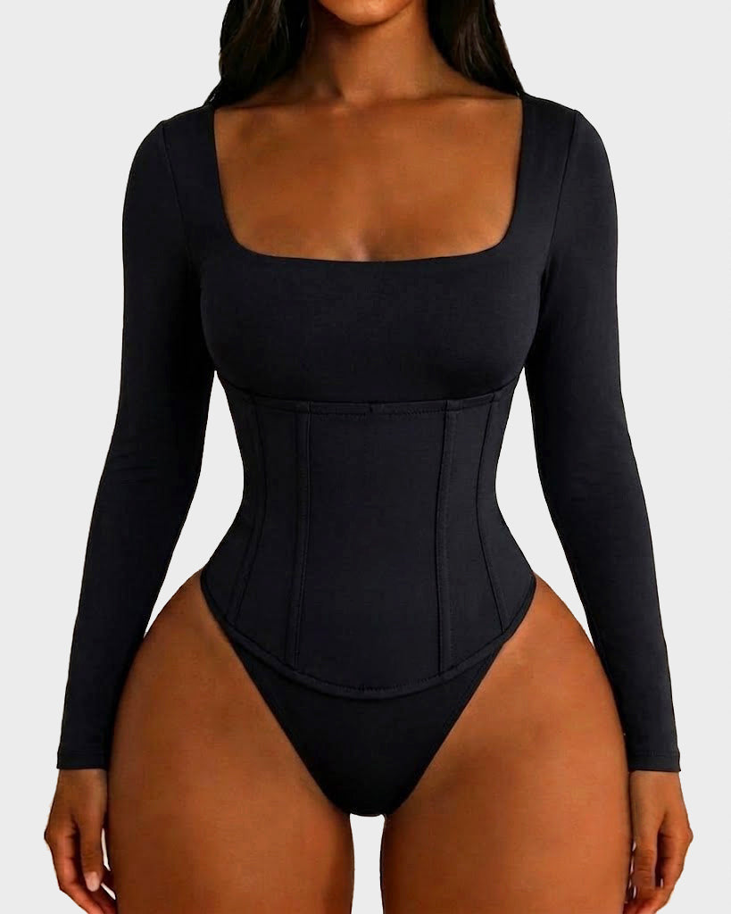 Long Sleeve Square Neck Bodysuit with Detachable Corset Two Piece Set (Pre-sale)  - By Qivii