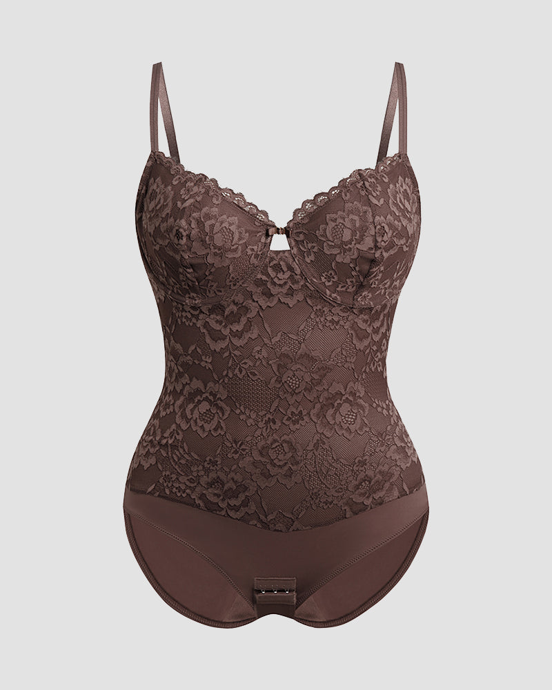 Shapshe® Built In Bra Lace Floral Tummy Tuck Bodysuit  - By Qivii