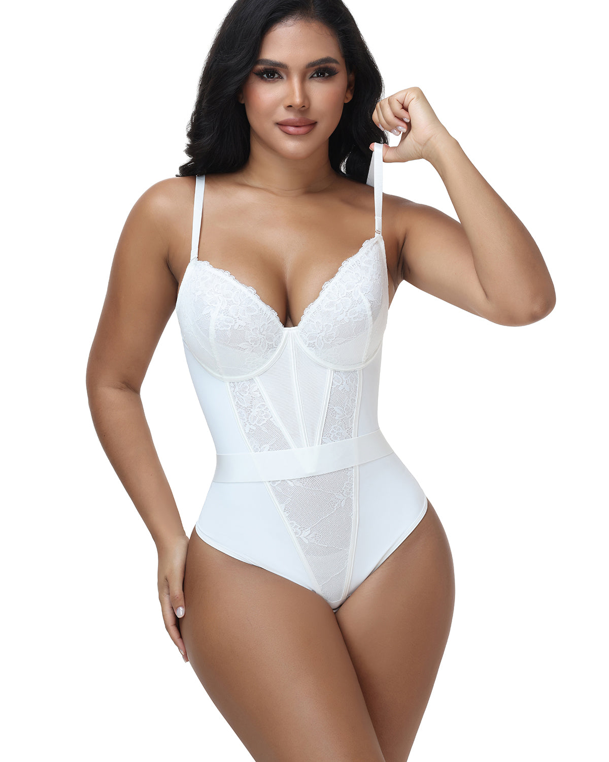 V Neck Lace Thong Bodysuit Adjustable Straps Waist Cinching Shapewear