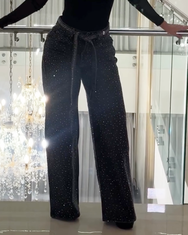 Fashionable Washed Mid Waist Diamond Studded Straight Leg Jeans  - By Qivii