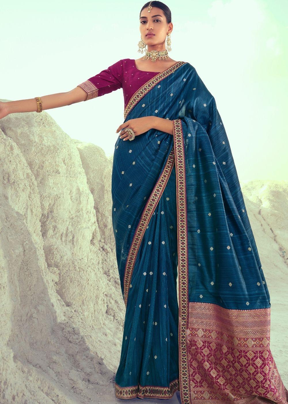 Yale Blue Woven Banarasi Silk Saree with Embroidered Border & Swarovski work | Stitched Blouse - qivii