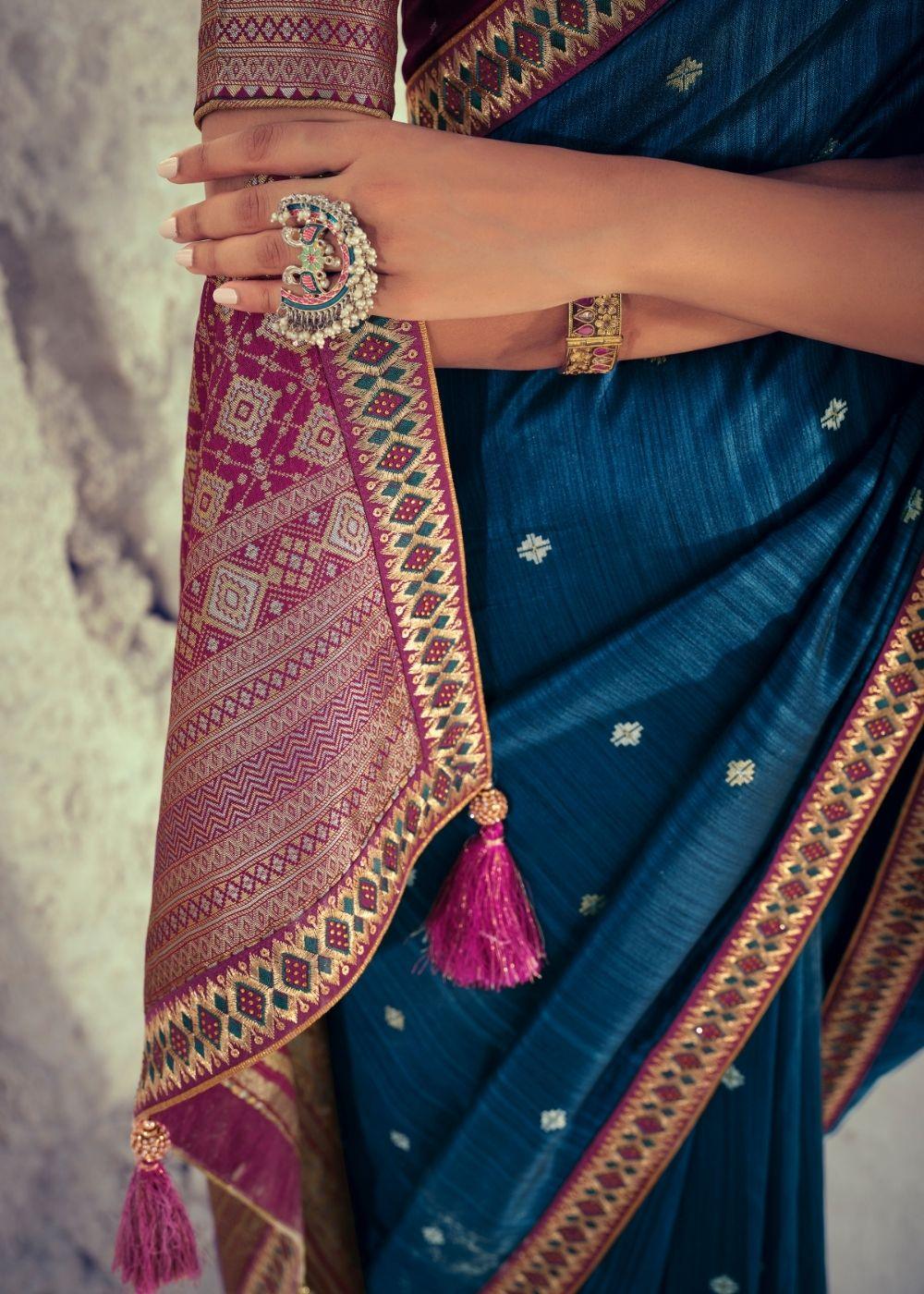 Yale Blue Woven Banarasi Silk Saree with Embroidered Border & Swarovski work | Stitched Blouse - qivii