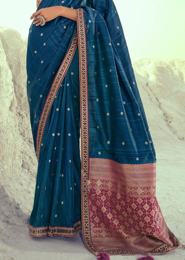 Yale Blue Woven Banarasi Silk Saree with Embroidered Border & Swarovski work | Stitched Blouse - qivii