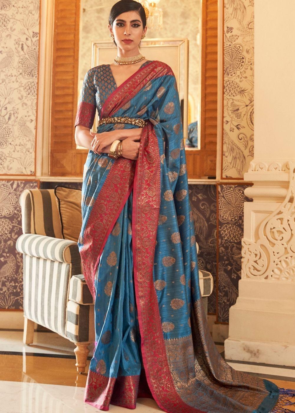 Yale Blue Woven Banarasi Tussar Silk Saree : Top Pick - qivii