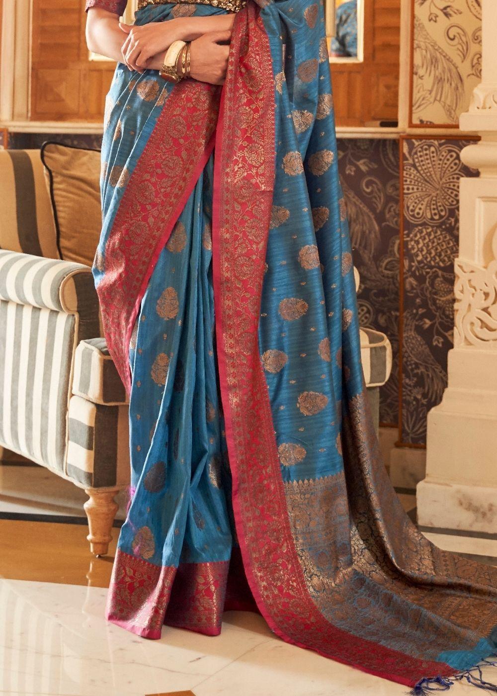 Yale Blue Woven Banarasi Tussar Silk Saree : Top Pick - qivii