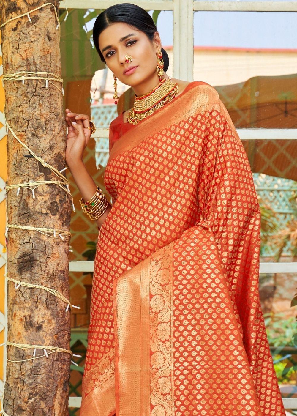 Yam Orange Woven Banarasi Brocade Silk Saree | Stitched Blouse - qivii