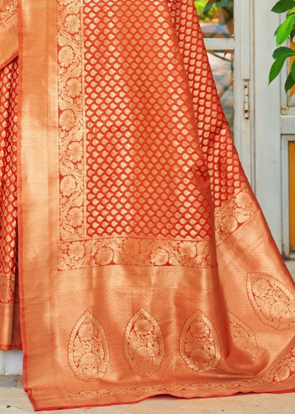 Yam Orange Woven Banarasi Brocade Silk Saree | Stitched Blouse - qivii