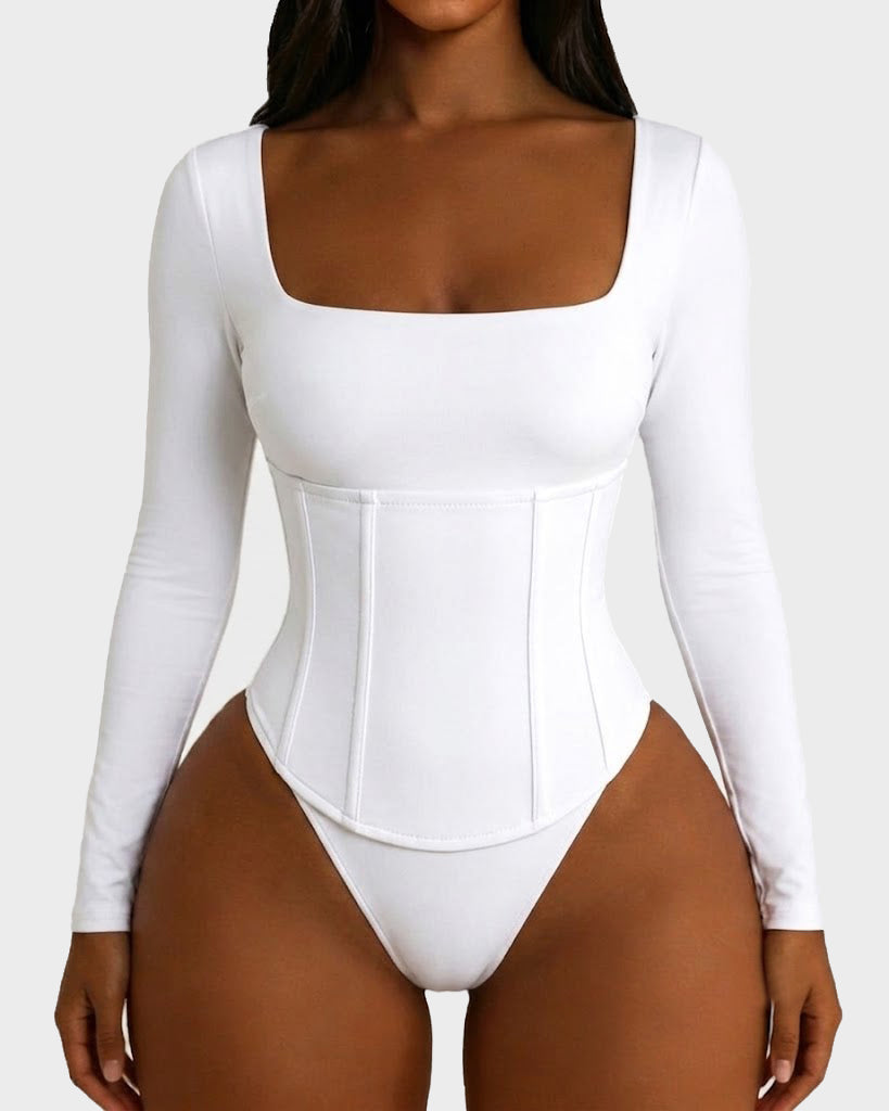 Long Sleeve Square Neck Bodysuit with Detachable Corset Two Piece Set (Pre-sale)  - By Qivii