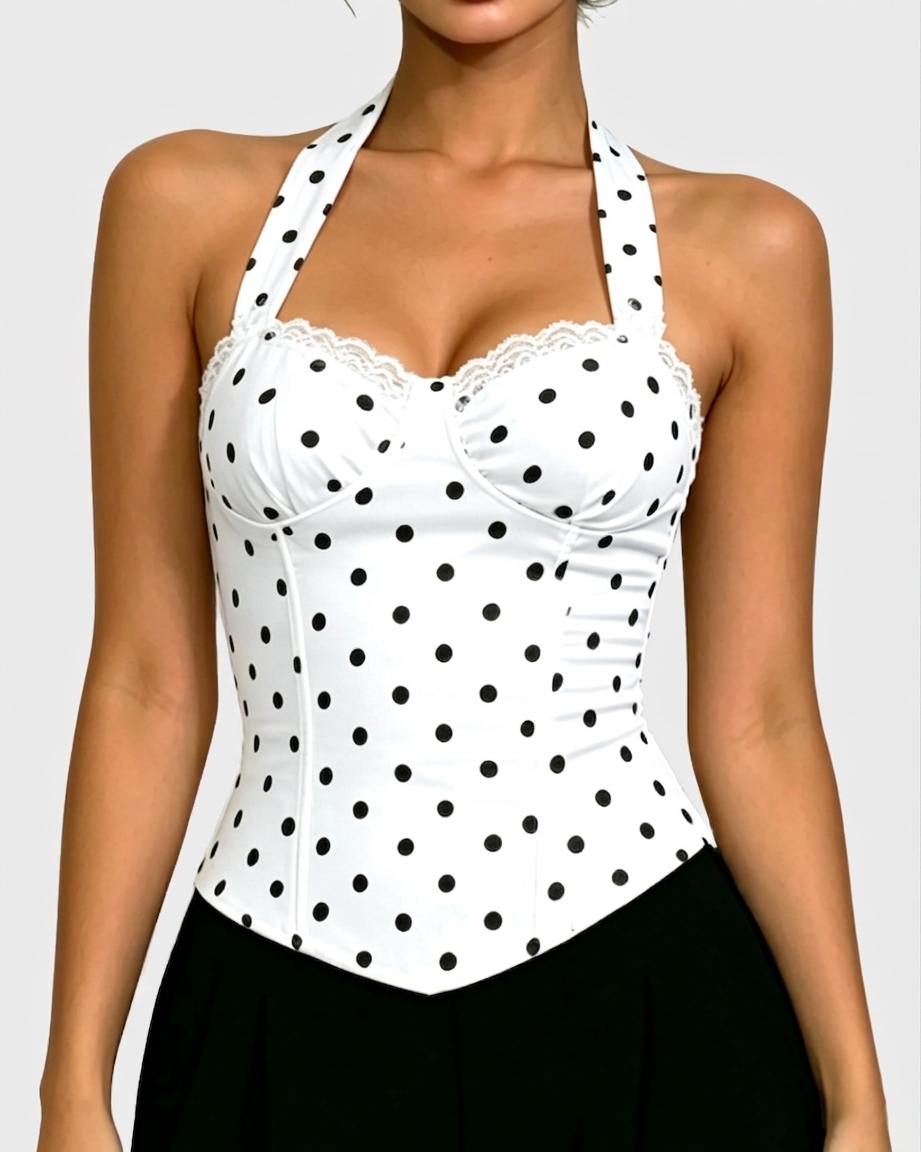 Polka Dot Lace Trim Halter Corset Top with Lace Up Back  - By Qivii