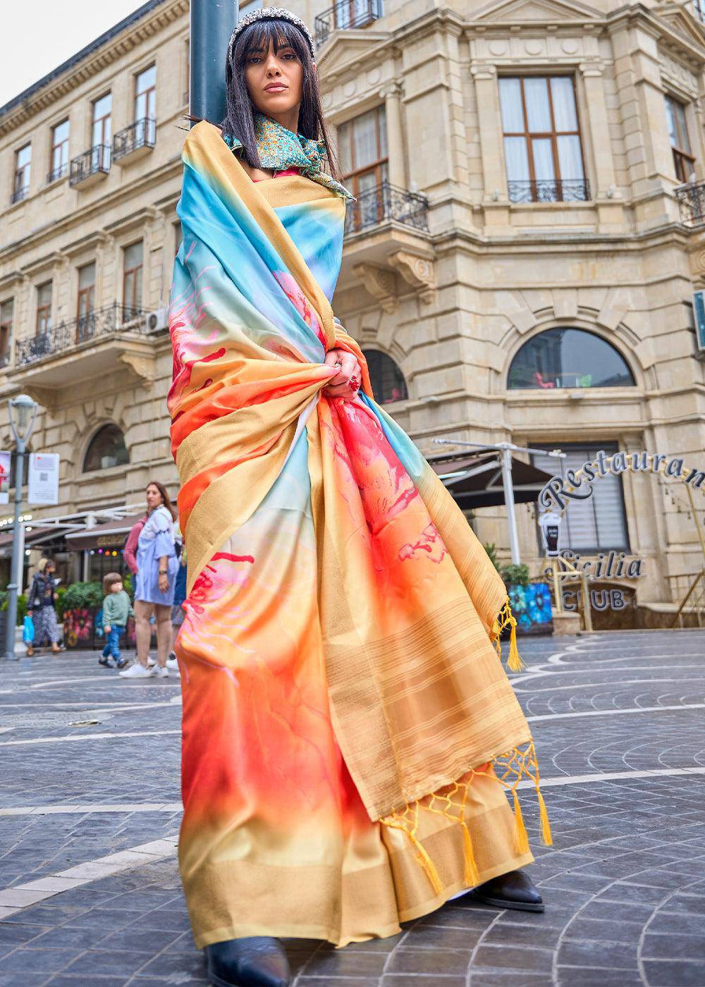 Yellow & Blue Digital Floral Printed Silk Saree | Stitched Blouse - qivii