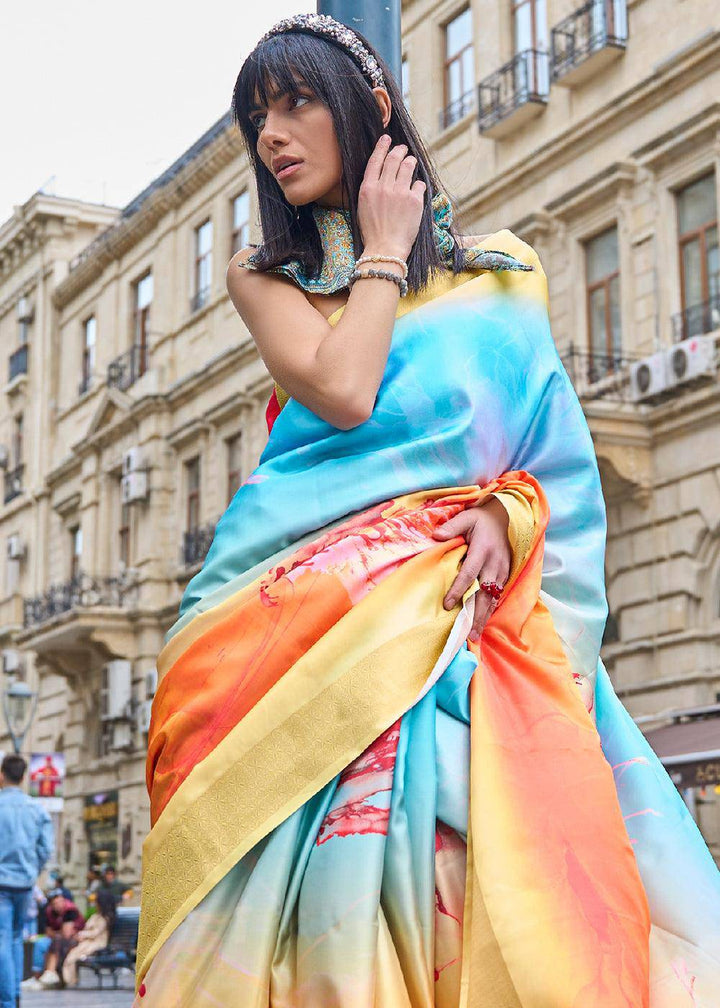 Yellow & Blue Digital Floral Printed Silk Saree | Stitched Blouse - qivii