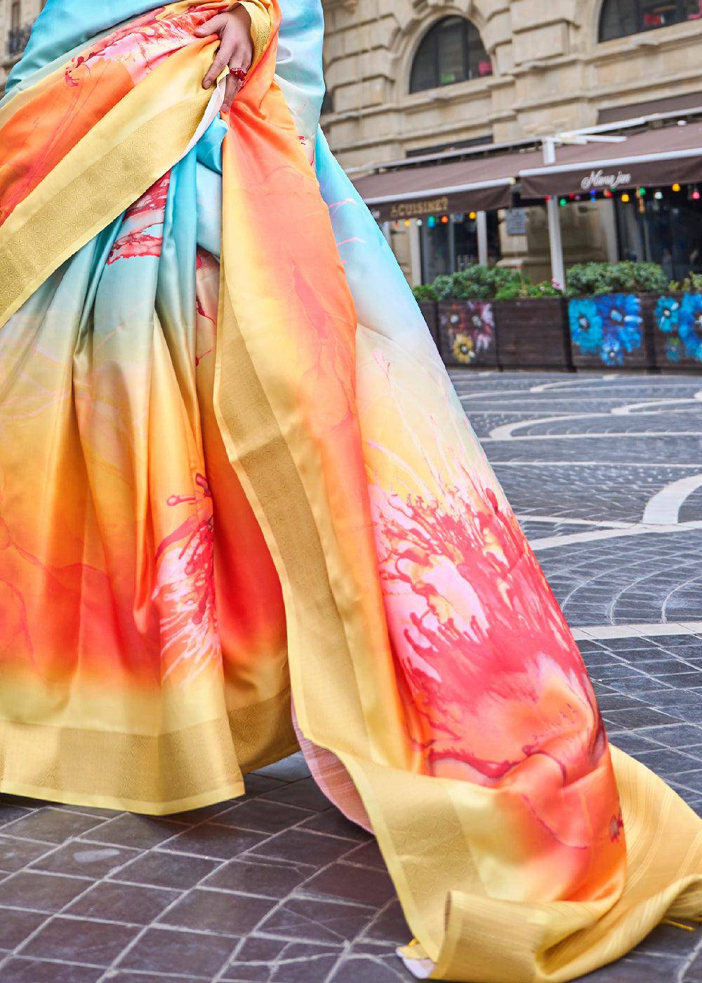 Yellow & Blue Digital Floral Printed Silk Saree | Stitched Blouse - qivii